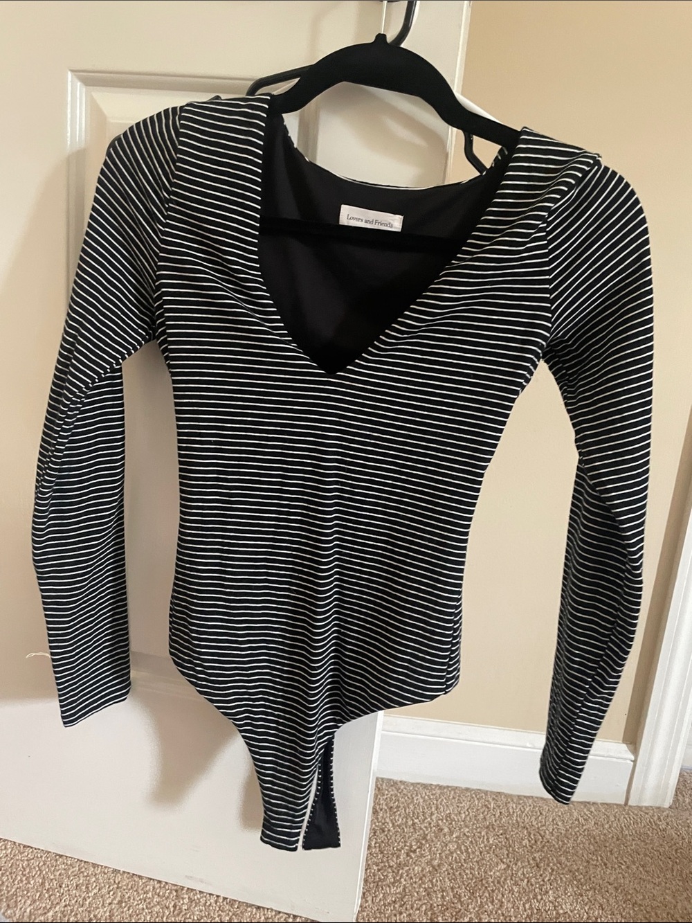 Lovers + Friends Black & White Striped V-Neck Long Sleeve Bodysuit